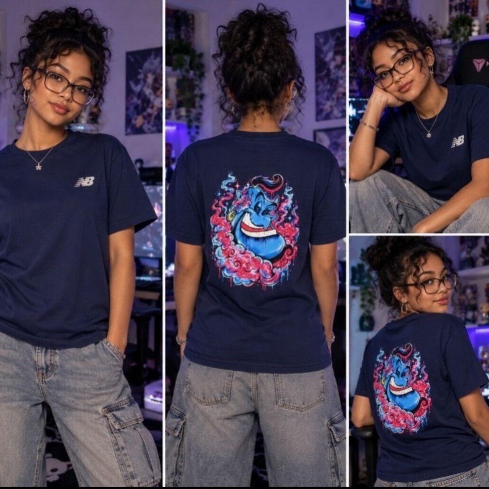 Wearable Custom Dope Art Genie Graphic T-Shirt Mens Medium Navy Blue Casual Tee
